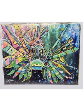 Vintage Jen Callahan "LIPS” Lionfish Ceramic Tile Art Signed 10" x 8" Colorful